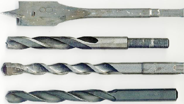Four different types of drill bits, including a spade bit.